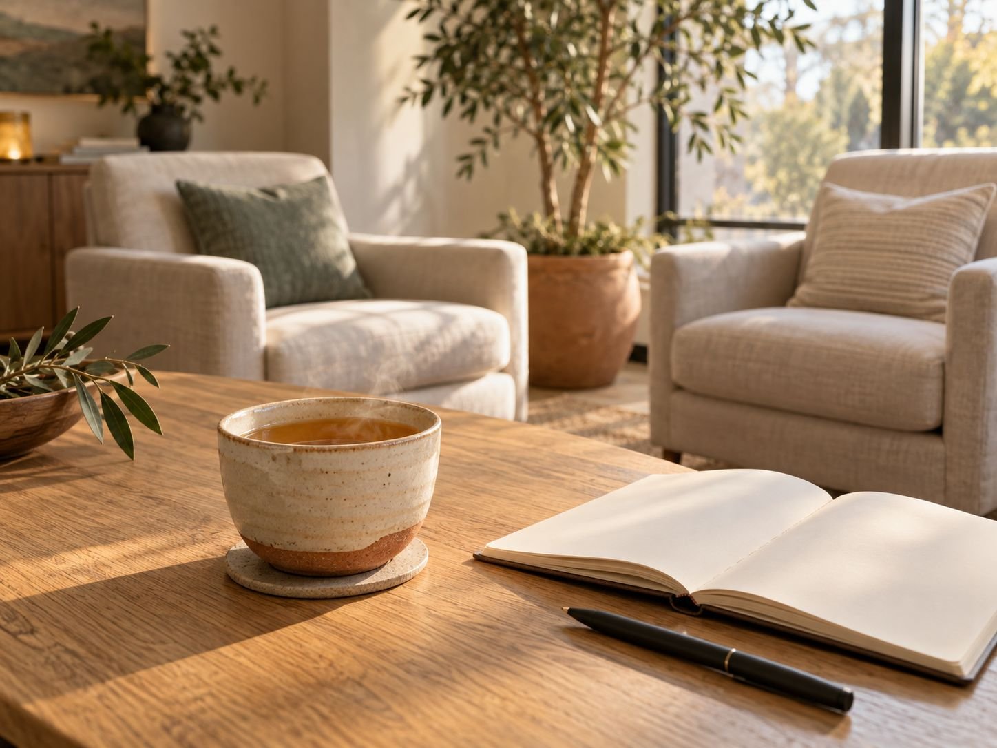 A cup of tea and an open notebook on an oak table in a calm consultation room