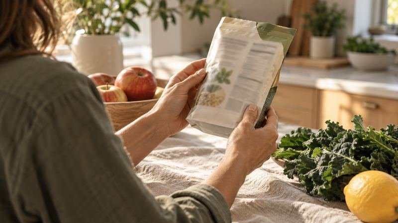 A woman reading the back label of a food package in a sunny kitchen beside apples, kale and a lemon