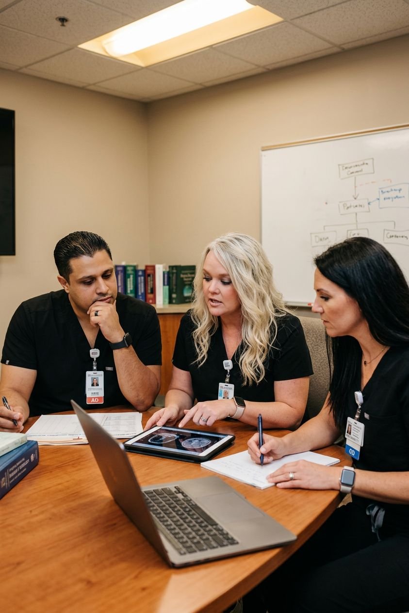 Dr. Tim Bhakta, Kerri Lindsay and Amy Abbott reviewing a patient plan together